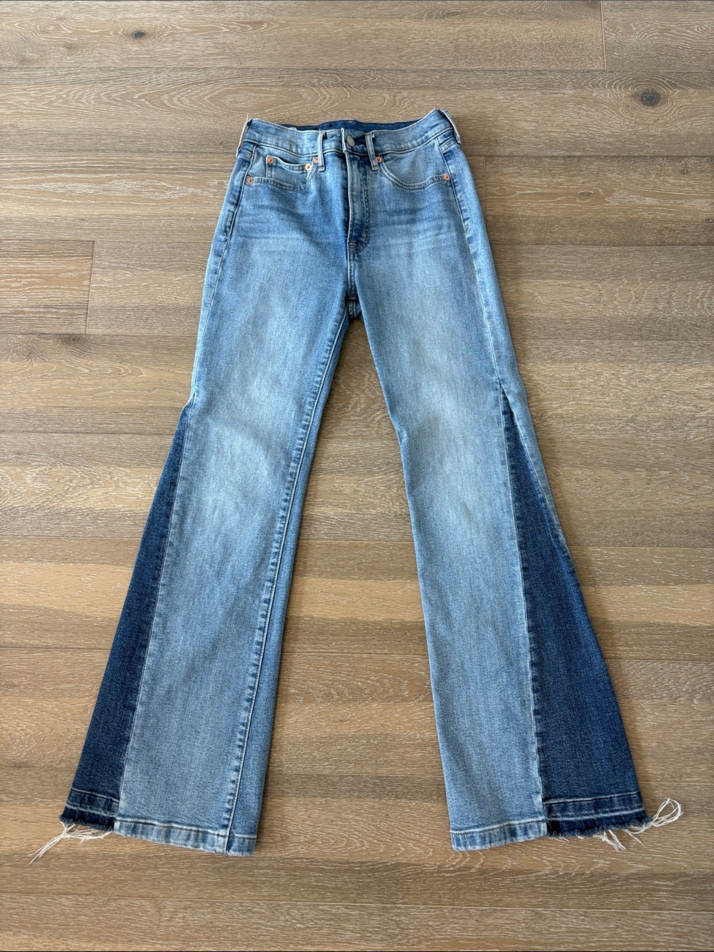 GAP 70s Flare Highrise Two-Tone Light and Dark Blue Flare Jeans